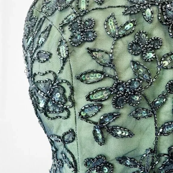 Vintage Y2K 90s Green Floral Halter Beaded Mesh Bodycon Maxi Prom Dress Size S - Picture 9 of 14